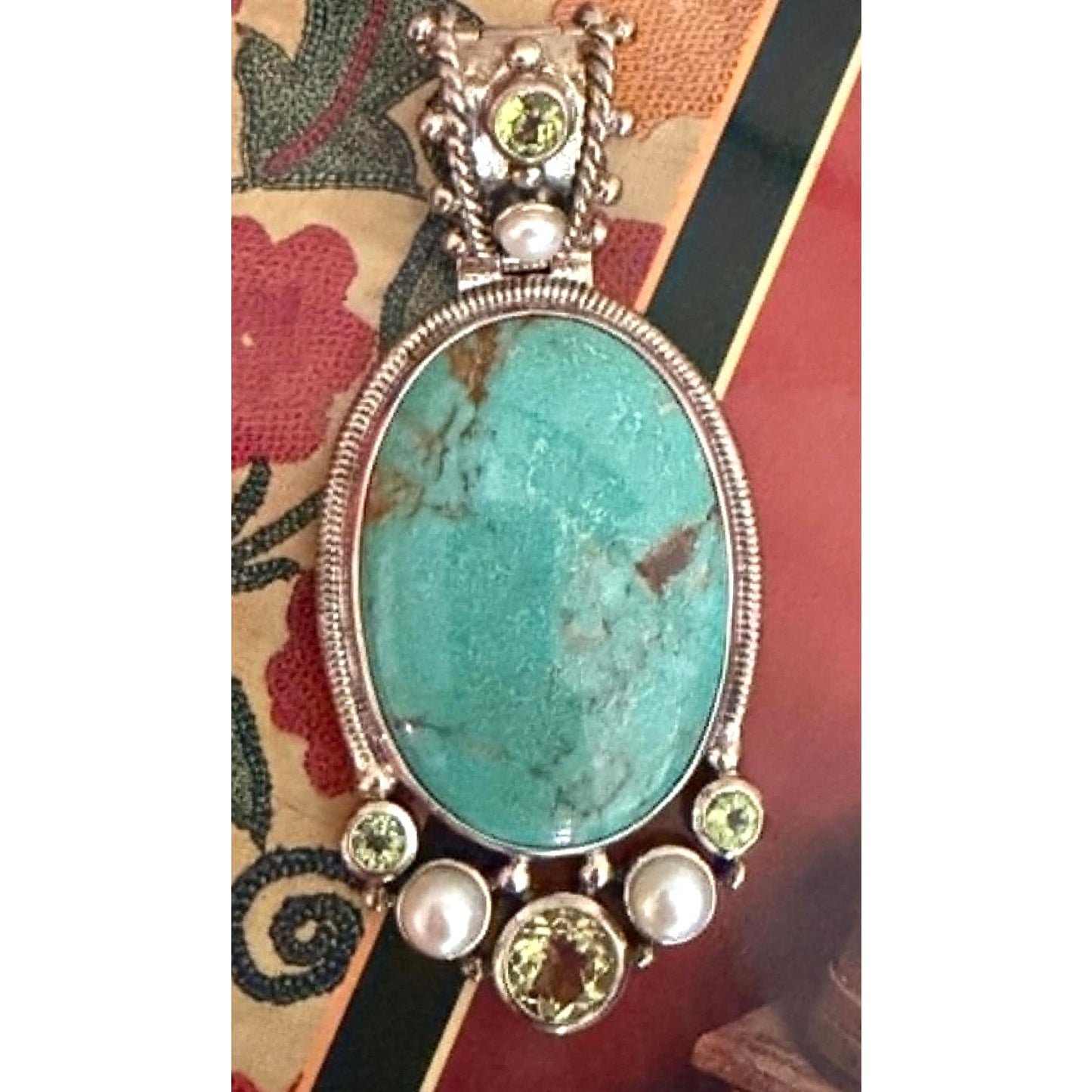 Sterling Silver Turquoise, Pearl & Peridot Artisan Pendant – Thailand