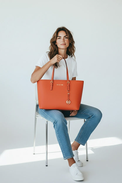 ONLY ONE!!! New Michael Kors Persimmon Orange Jet Set Travel Saffiano Leather Top Zip Tote