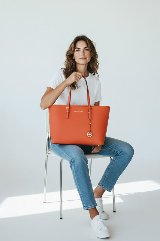 ONLY ONE!!! New Michael Kors Persimmon Orange Jet Set Travel Saffiano Leather Top Zip Tote