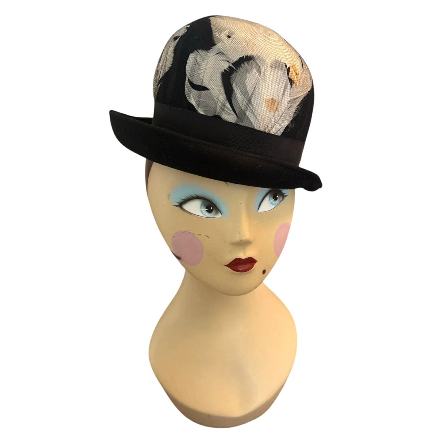 ONLY ONE!!! Vintage Neumann Endler Fair Field Black Wool Bowler Hat White Black Feathers