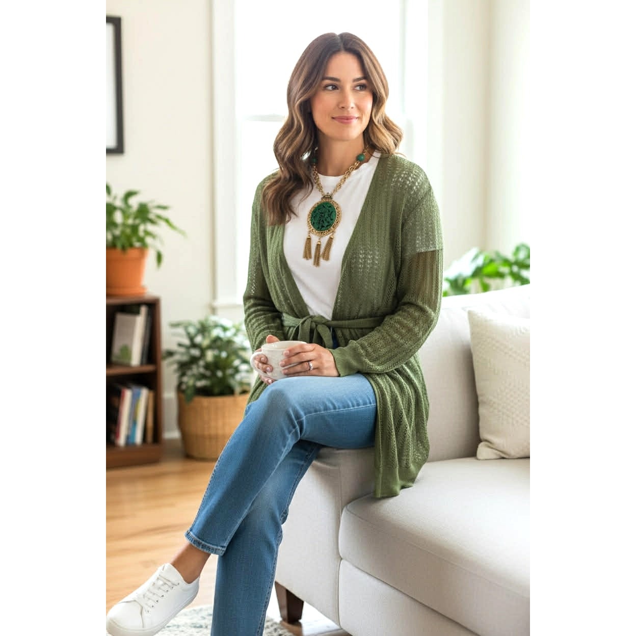 ONLY ONE!!! Tracy Reese New York Green Open Knit Tie Belt Cardigan Sweater ~ Size L