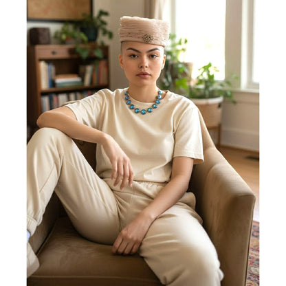Mid-Century Ruched Chiffon Cocktail Hat with Pearl Brooch