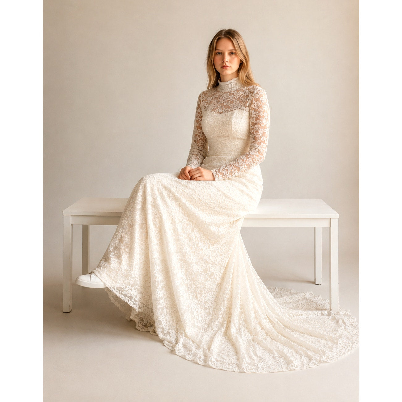 Vintage 1960s William Cahill Lace Wedding Dress with Train XS Antique Ivory