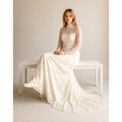 Vintage 1960s William Cahill Lace Wedding Dress with Train XS Antique Ivory