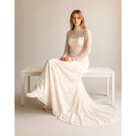 Vintage 1960s William Cahill Lace Wedding Dress with Train XS Antique Ivory