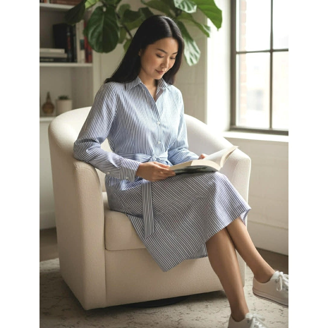 Brooks Brothers Blue Pinstripe Cotton Shirtdress with Contrast Cuffs