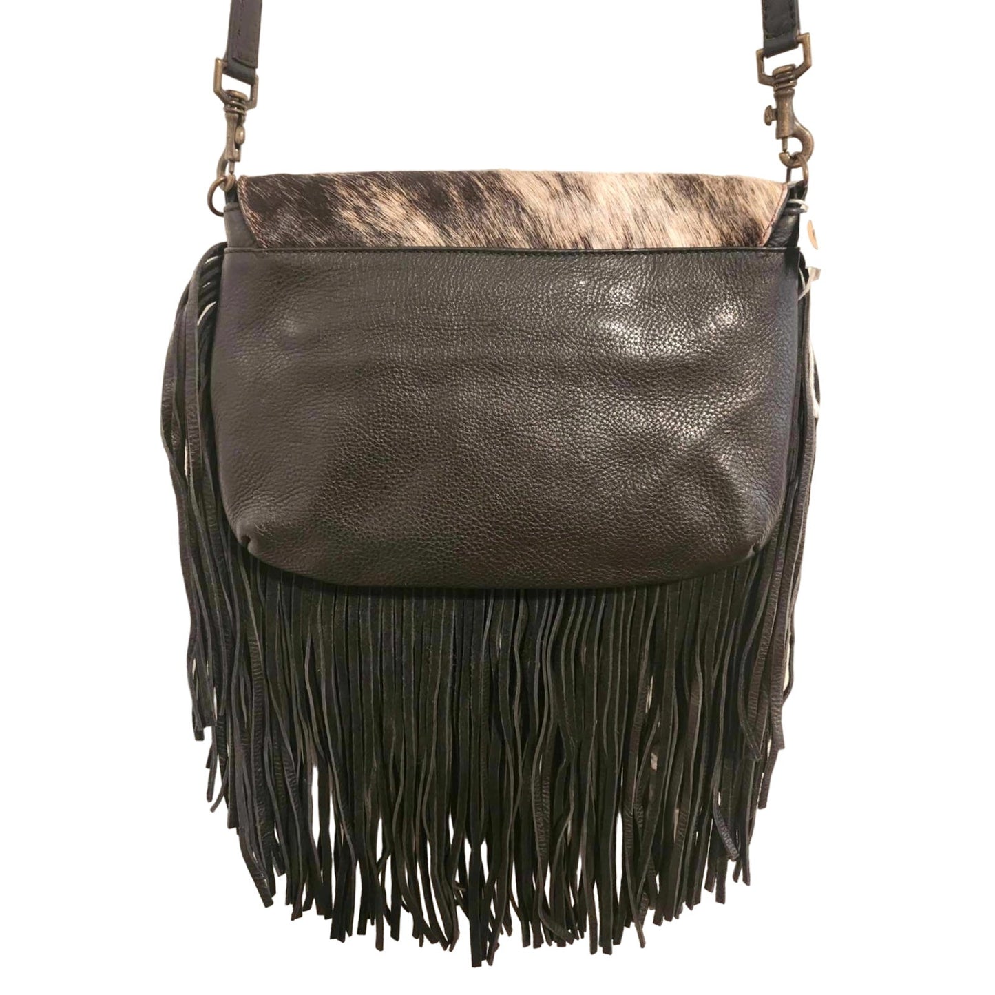 ONLY ONE!!! Origene Designer $495 Leather Fringe Crossbody Black/Cream Luxury Handbag