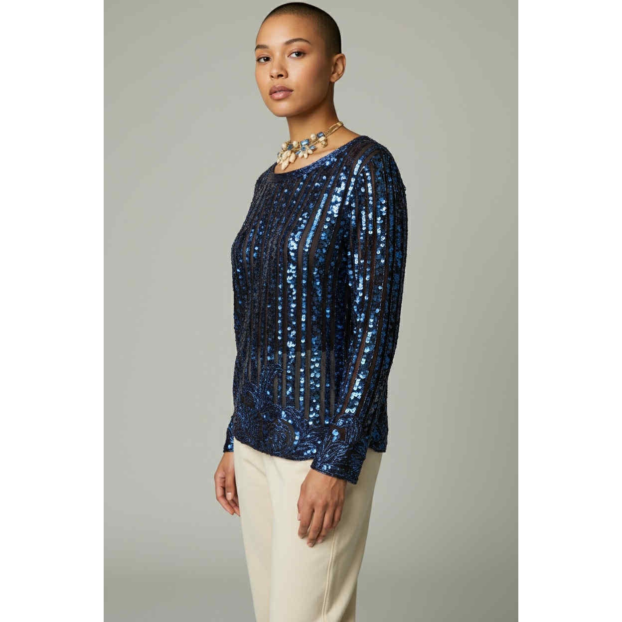 ONLY ONE!!! Vintage 1980s Blue Sequin Beaded Black Silk Top M/L