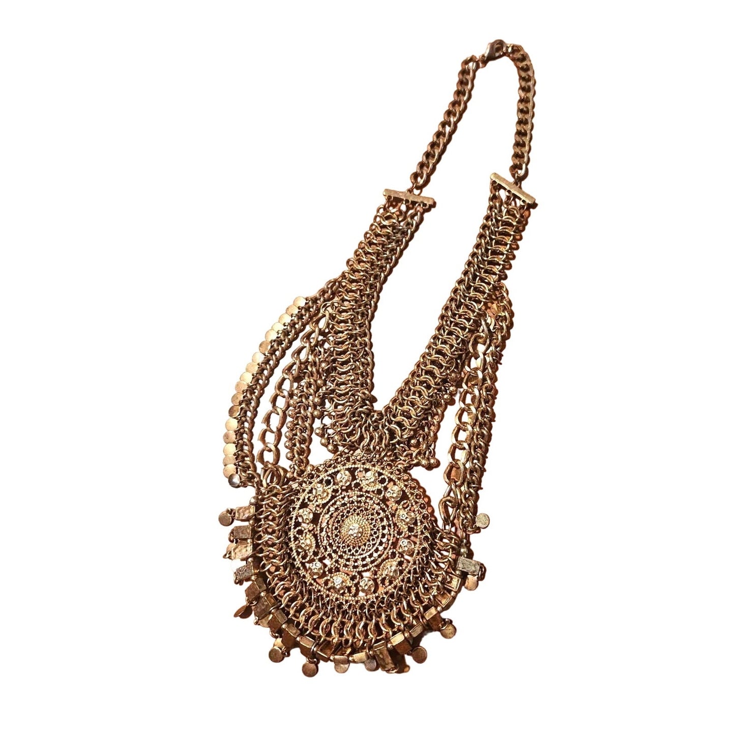 ONLY ONE!!! Vintage Gold Egyptian Revival Necklace Large Disc Circular Tassels Adjustable