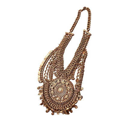 ONLY ONE!!! Vintage Gold Egyptian Revival Necklace Large Disc Circular Tassels Adjustable