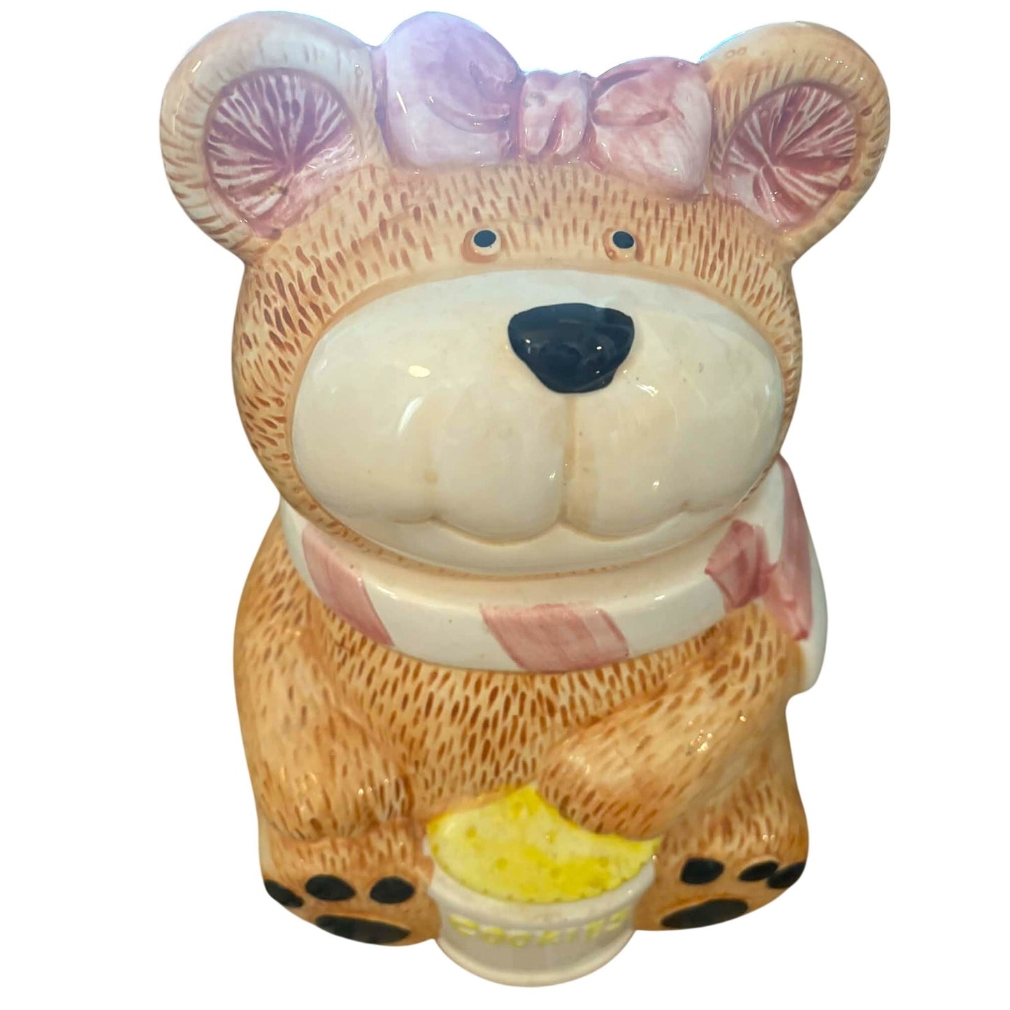 Vintage Cottage Bear Cookie Jar with Pink Bow | Made in Taiwan