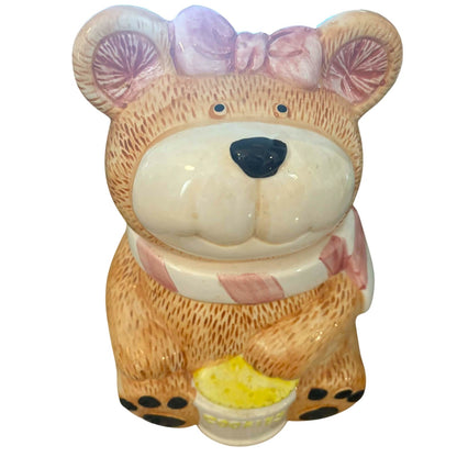 Vintage Cottage Bear Cookie Jar with Pink Bow | Made in Taiwan