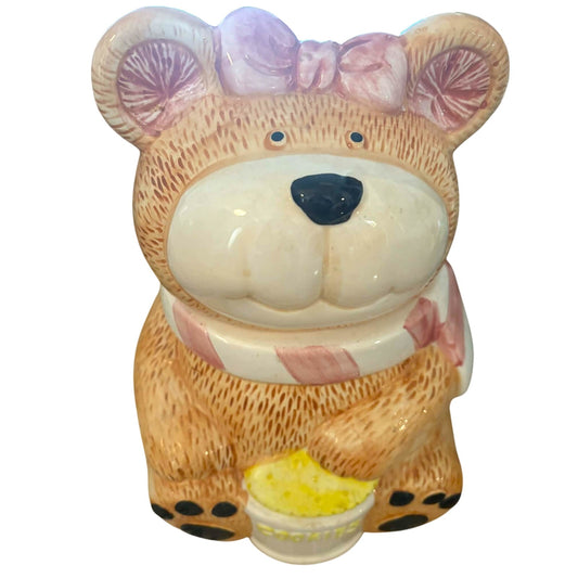 Vintage Cottage Bear Cookie Jar with Pink Bow | Made in Taiwan