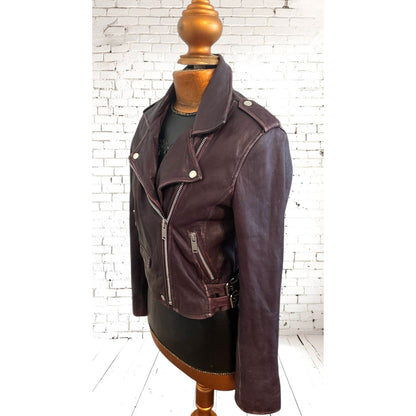 ONLY ONE!!! Amaryllis Distressed 100% Leather Moto Deep Jacket Purple Asymmetric Zip ~ Size S