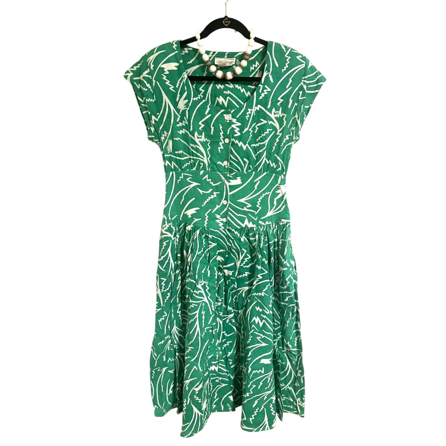 Vintage Neil Martin Green Abstract Print Fit & Flare Midi Dress | Size 12