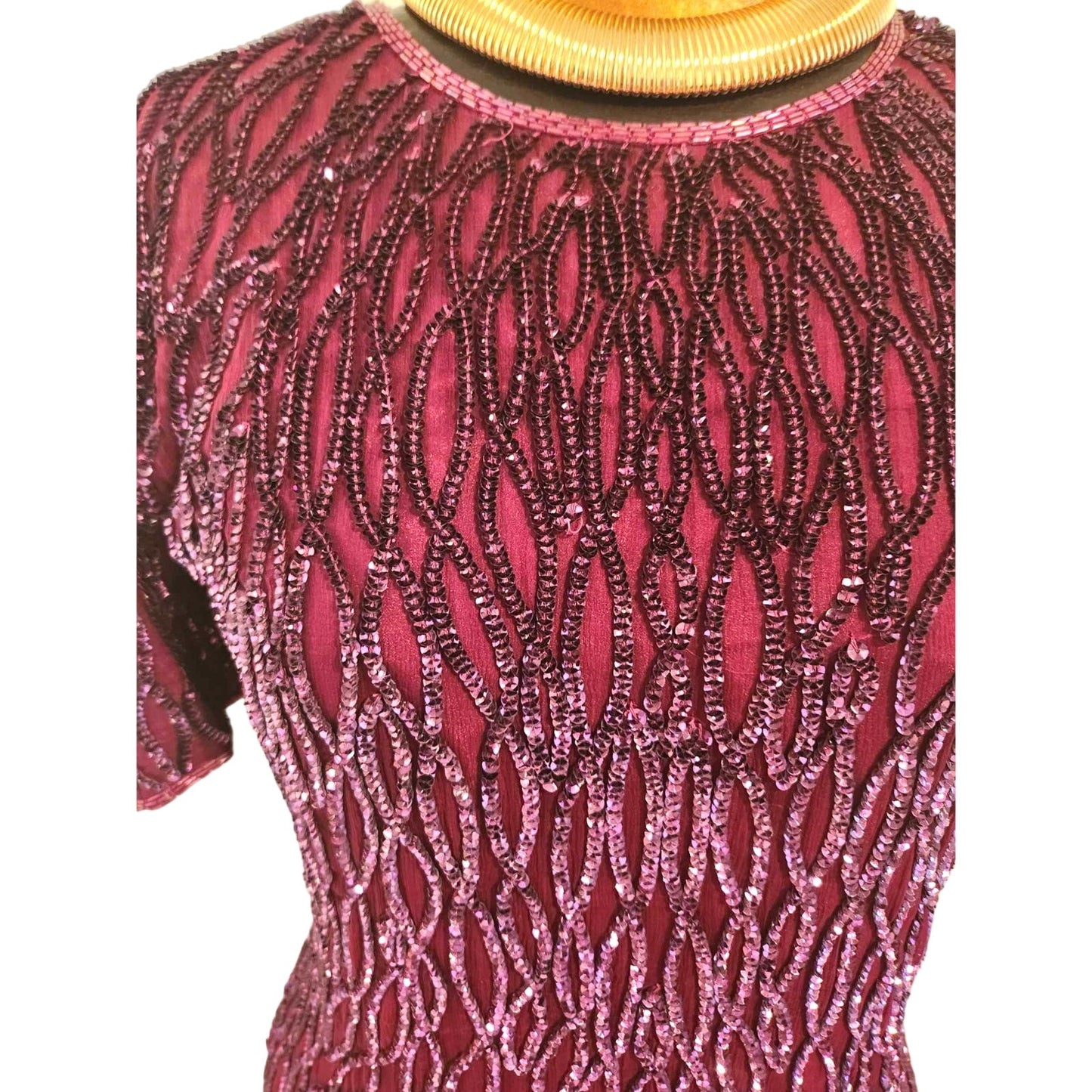 ONLY ONE!!! Vintage 1980s Sweelo Beaded Sequin Burgundy Dress ~ Size 8