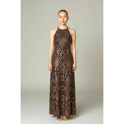 ONLY ONE!!! Vintage 90s Metallic Plum & Gold Halter Evening Gown by JUMP (Size 3/4)