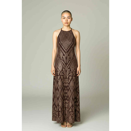 ONLY ONE!!! Vintage 90s Metallic Plum & Gold Halter Evening Gown by JUMP (Size 3/4)