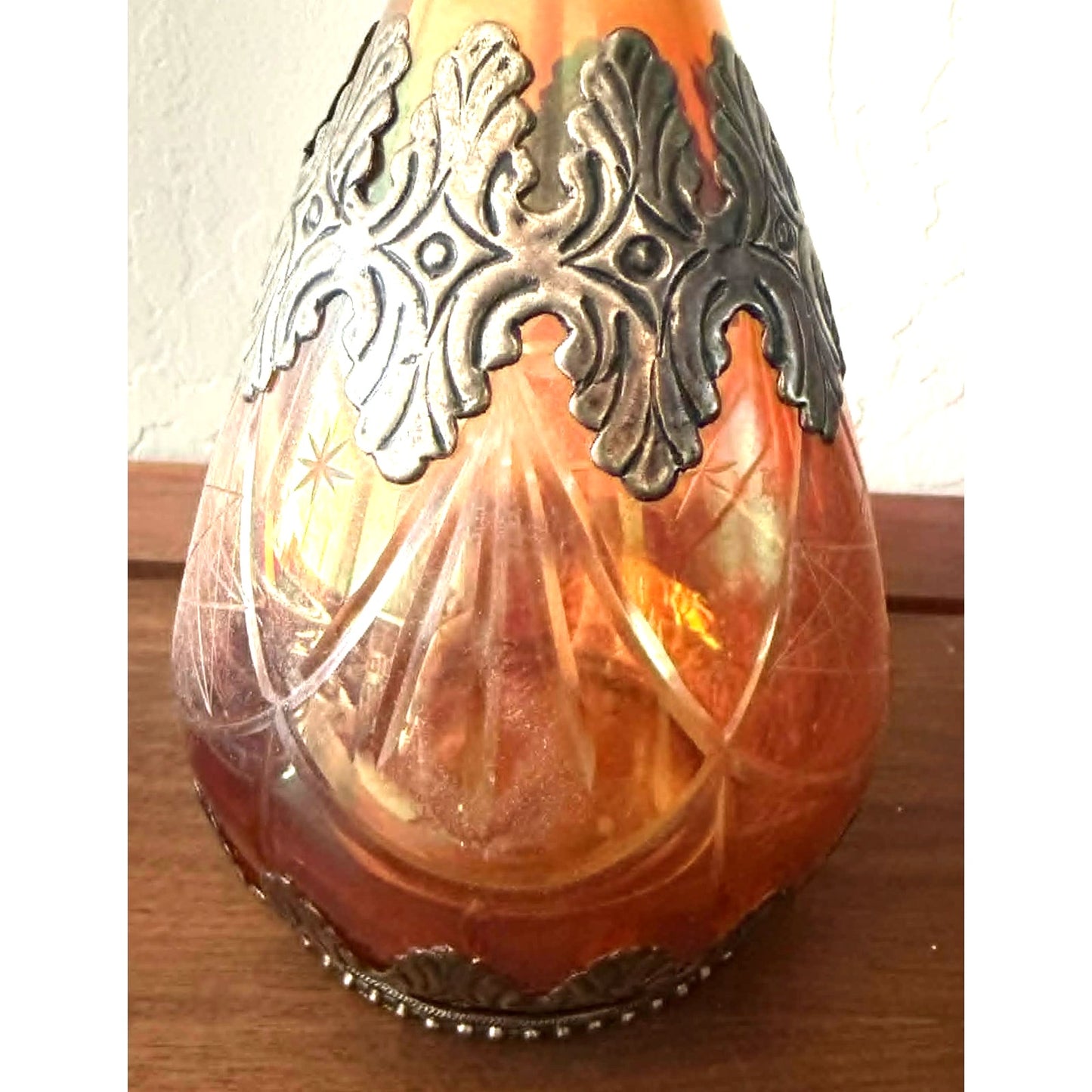 Vintage Iridescent Glass Decanter Silver Overlay