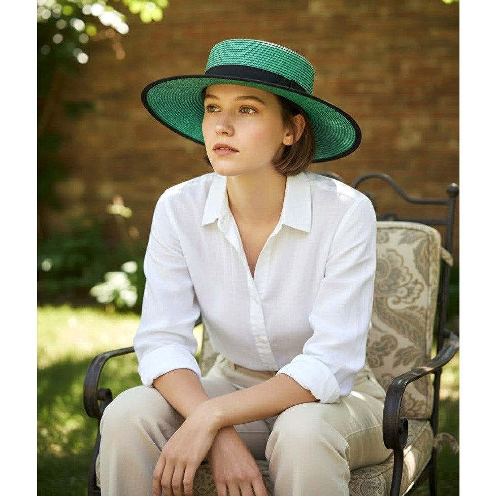 Vintage Green Boater Hat with Black Ribbon | M/L