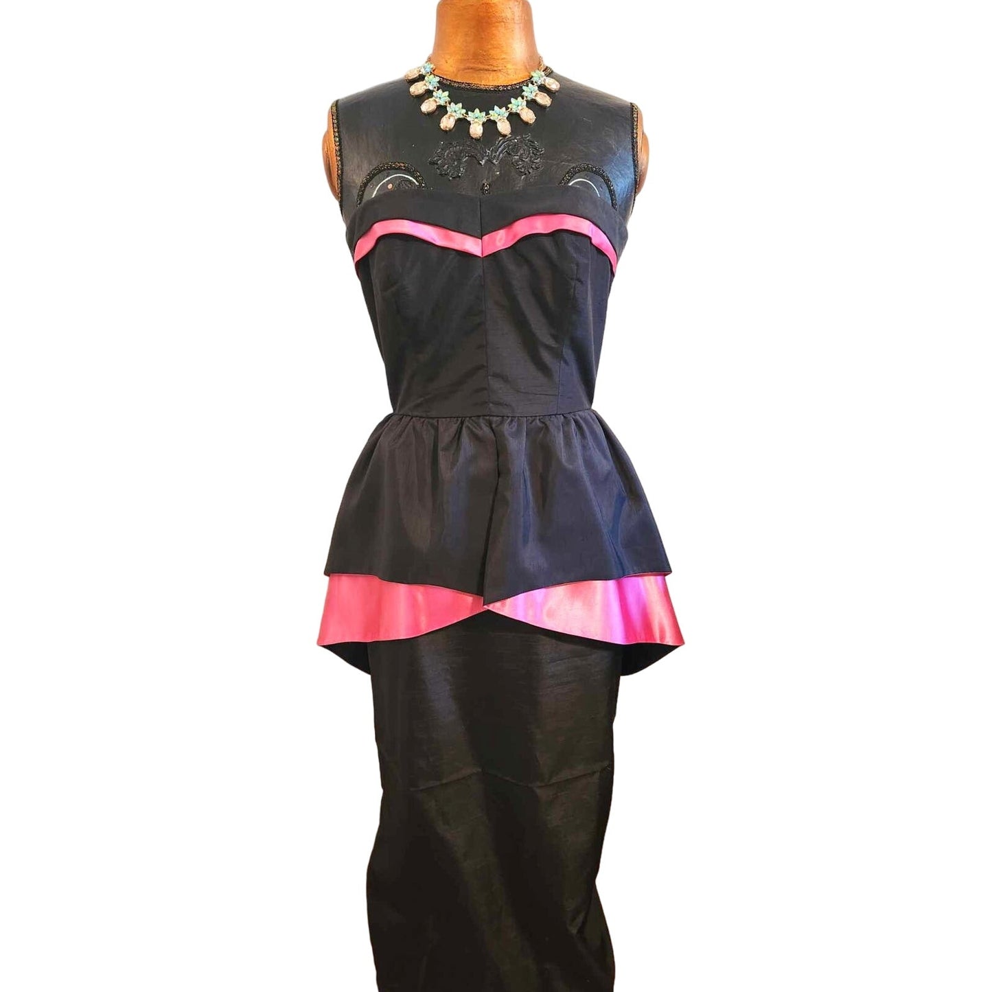 ONLY ONE!!! Vintage Karin Hamlen 1950s Strapless Black & Fuchsia Satin Peplum Cocktail Dress
