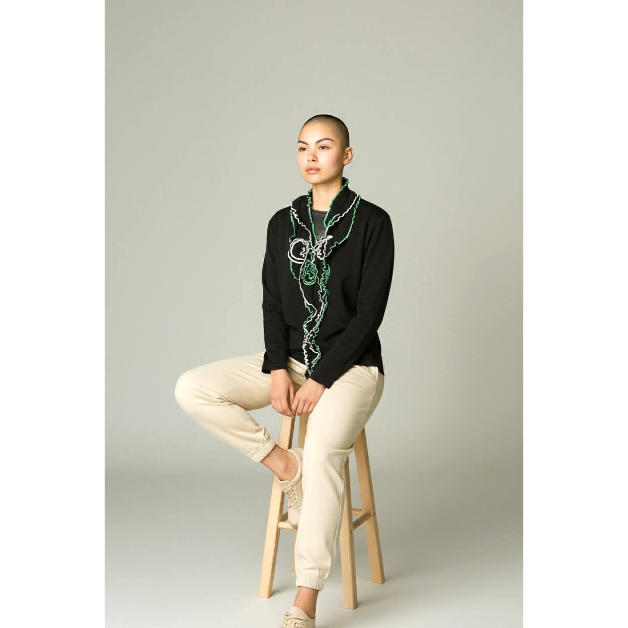 ONLY ONE!!! Ming Wang Black Knit Jacket w/Green White Ribbon Trim ~ Size XL