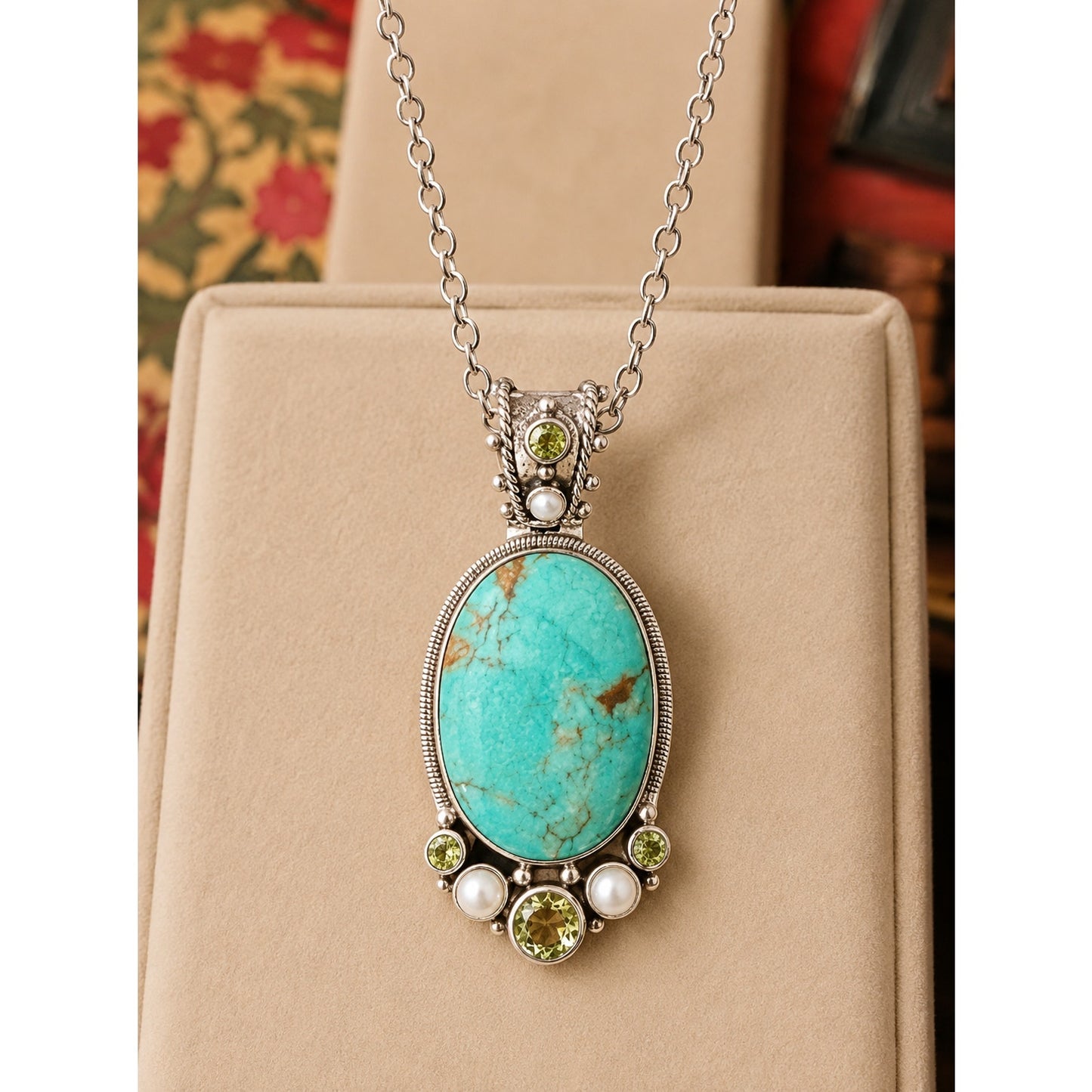 Sterling Silver Turquoise, Pearl & Peridot Artisan Pendant – Thailand
