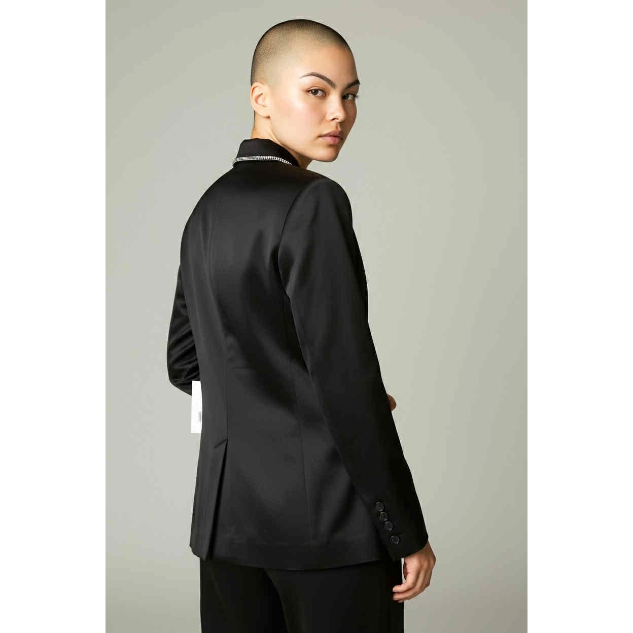 ONLY ONE!!! NWT $400 Jason Wu Satin Blazer Jacket Black Double Breasted Bling Trim ~ Size S