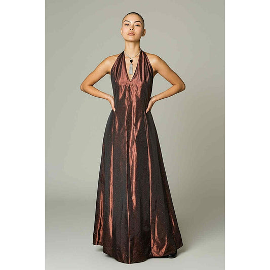 ONLY ONE!!! Vintage Scott McClintock Bronze Satin Halter Evening Gown Maxi Dress Size 10 USA