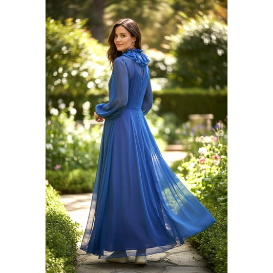 Vintage Hovland Swanson Blue Chiffon Ruffle Maxi Dress ~ Size S