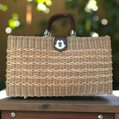 ONLY ONE!!! Vintage Wicker Box Handbag with Leather Handle & Brass Latch – 1950s Palm Beach Style