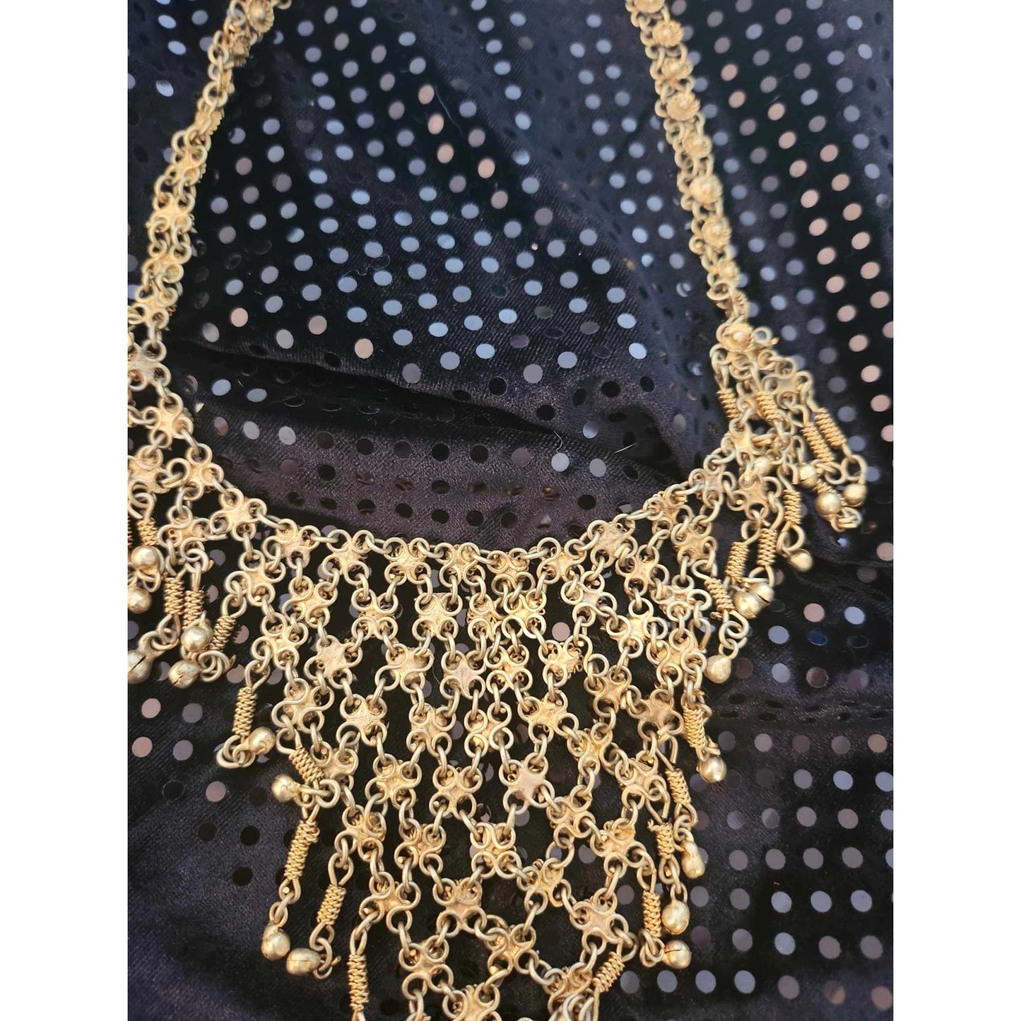 ONLY ONE!!! Vintage Gold Tone Ethnic Triangular Bib Necklace Chime Fringe Statement Jewelry