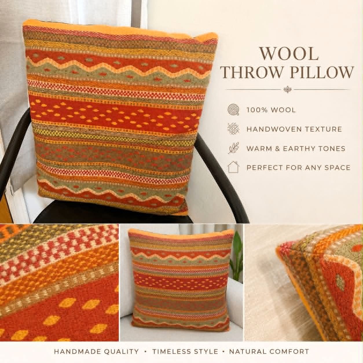 Colorful Handwoven Wool Throw Pillow 20.5"x18"