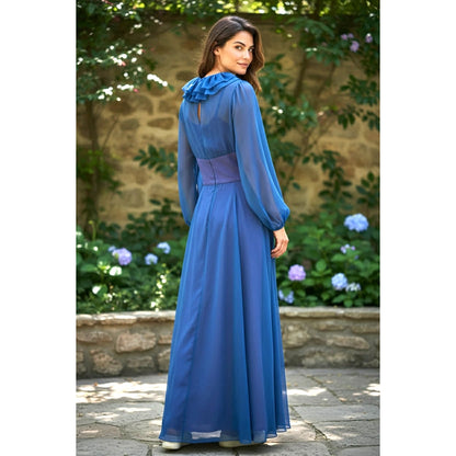 Vintage Hovland Swanson Blue Chiffon Ruffle Maxi Dress ~ Size S