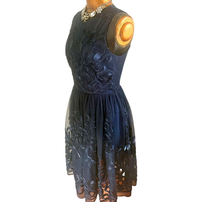 Belle Badgley Mischka Navy Lace Fit Flare Dress Size 6