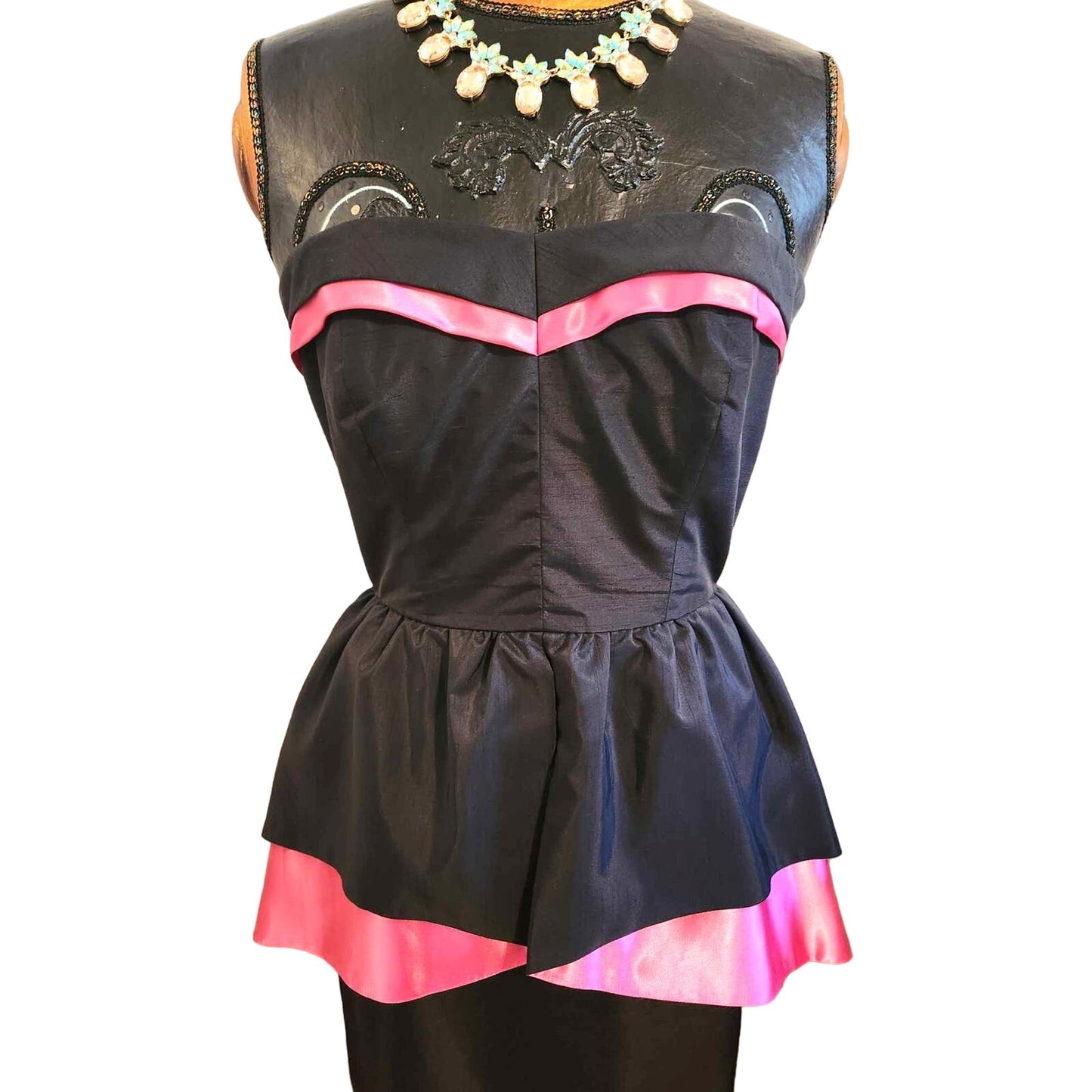 ONLY ONE!!! Vintage Karin Hamlen 1950s Strapless Black & Fuchsia Satin Peplum Cocktail Dress