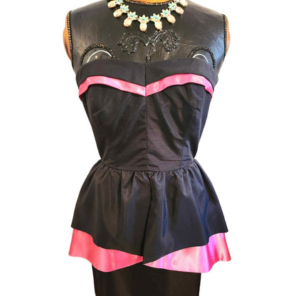 ONLY ONE!!! Vintage Karin Hamlen 1950s Strapless Black & Fuchsia Satin Peplum Cocktail Dress