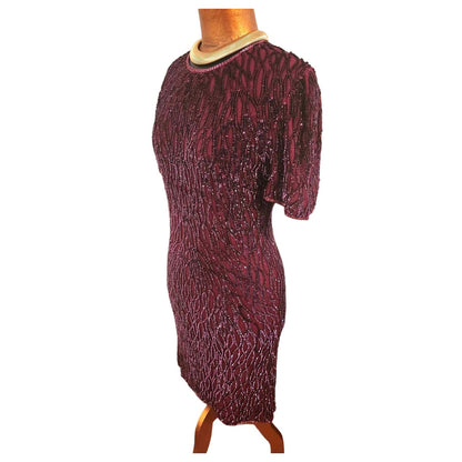 ONLY ONE!!! Vintage 1980s Sweelo Beaded Sequin Burgundy Dress ~ Size 8