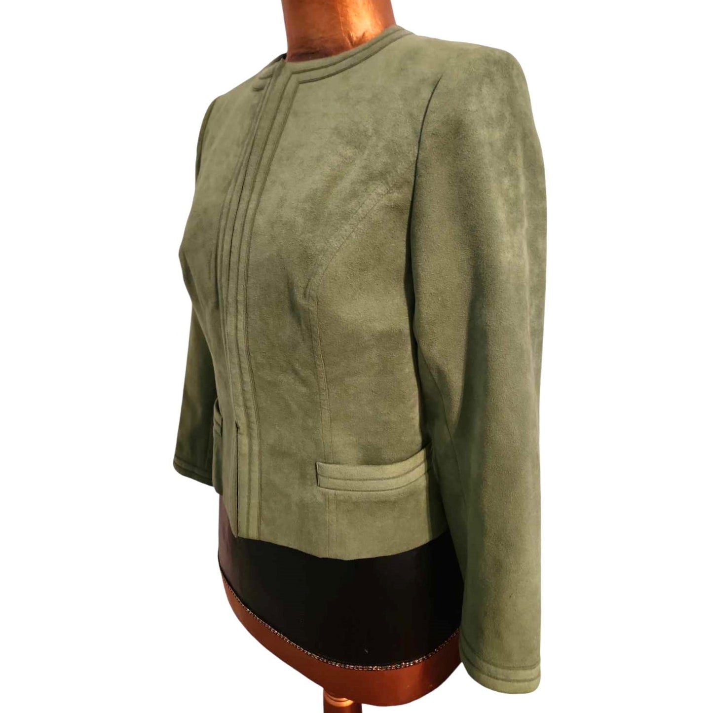 ONLY ONE!!! Vintage 1970s Moss Green Brushed Suede James Chen Skirt Suit Set ~ Size Small