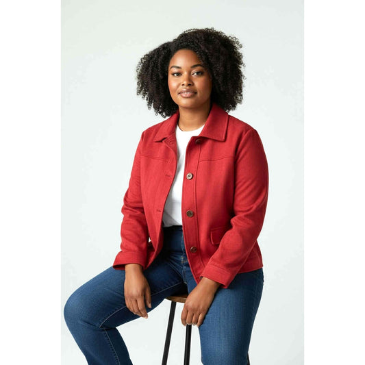 Chico’s Vibrant Red Velour Button-Front Jacket – Size 1 (M/L)