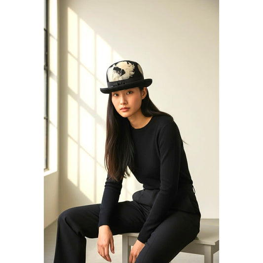 ONLY ONE!!! Vintage Neumann Endler Fair Field Black Wool Bowler Hat White Black Feathers