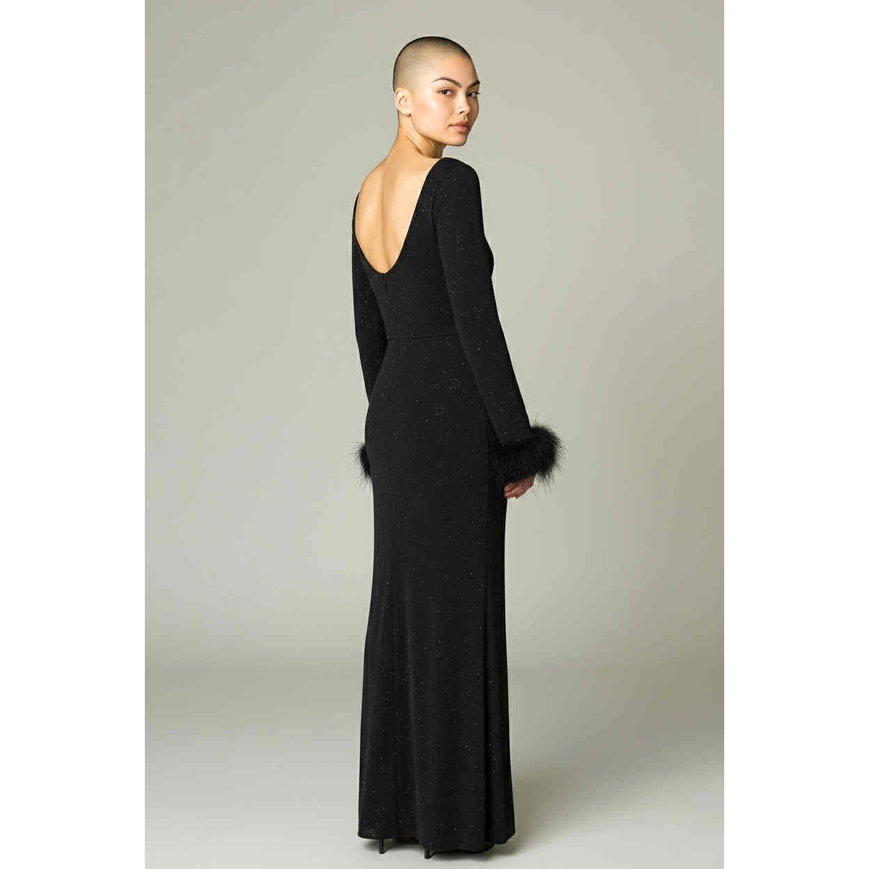 ONLY ONE!!! Vintage Evenings By Allen B Long Black Stretch Sparkle Gown ~ Feather Sleeve Cuffs 4