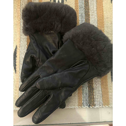ONLY ONE!!! UGG Women's Leather Genuine Shearling Trim Tech Brown Driving Gloves ~ Size S