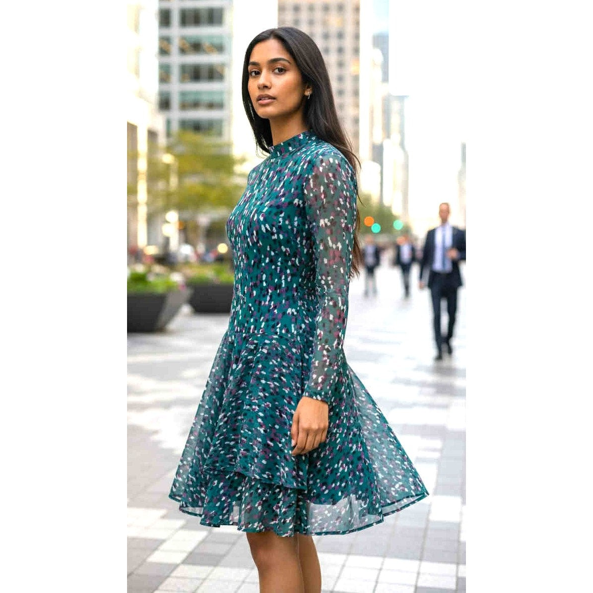 ONLY ONE!!! Vintage Doncaster Teal Chiffon Animal Print Drop Waist Dress Handkerchief Hem 8