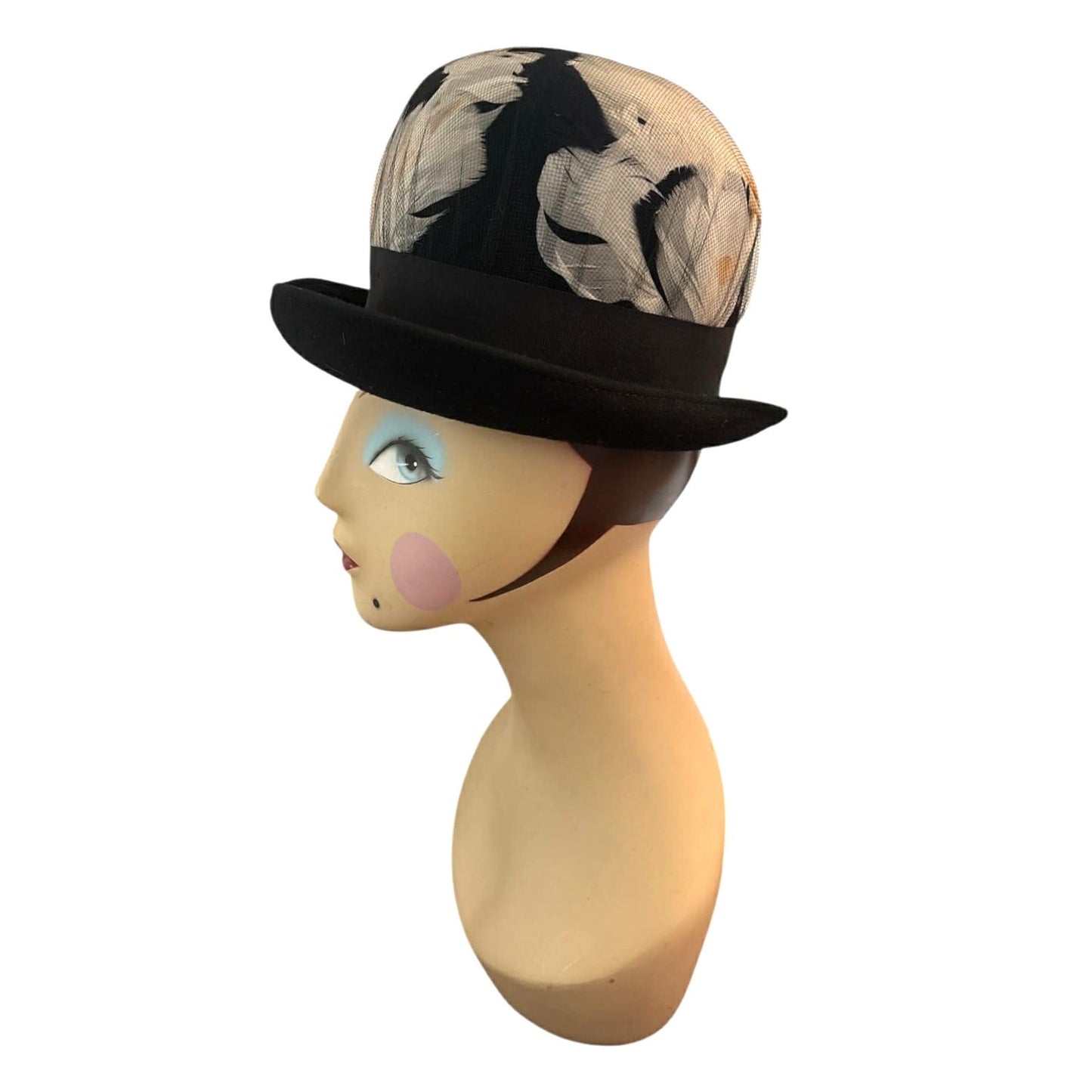 ONLY ONE!!! Vintage Neumann Endler Fair Field Black Wool Bowler Hat White Black Feathers