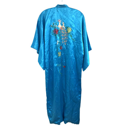 Vintage Blue Satin Embroidered  Kimono Robe