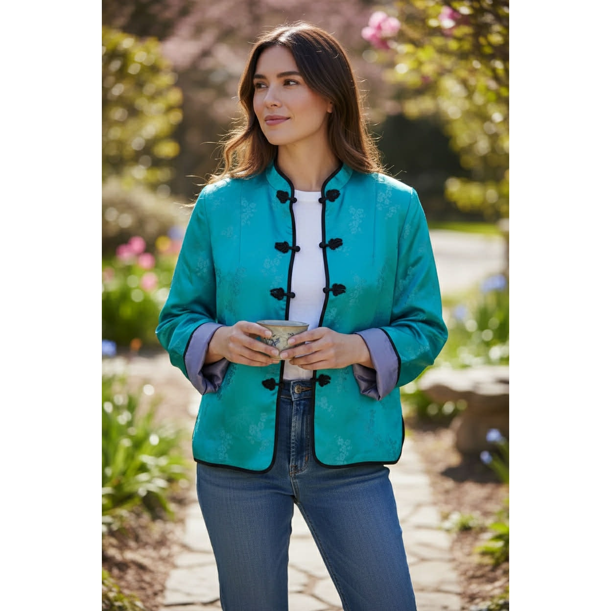 Vintage 1990s Turquoise Quilted Mandarin Jacket with Frog Closures | Size L