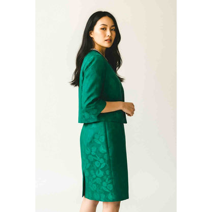 ONLY ONE!!! Vintage 1960s Emerald Satin Brocade 2-Piece Dress & Jacket Set Suit No Label S/M