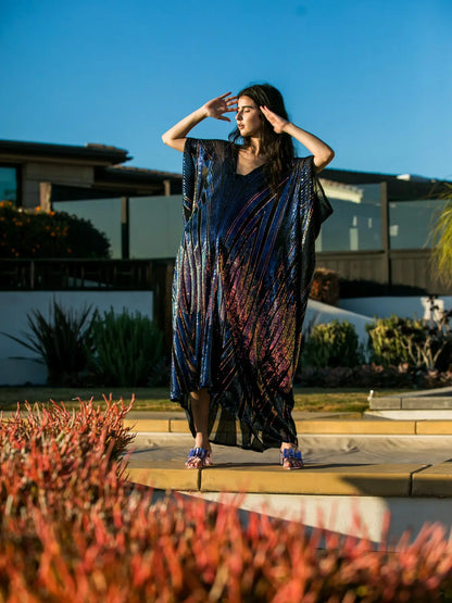 Midnight Lotus Sequin Caftan – One-Size Art Deco Glam