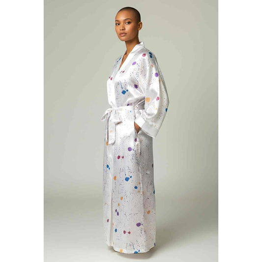 ONLY ONE!!! Vintage Intimate Affair Long White Satin Paint Splattered Robe ~ Size L